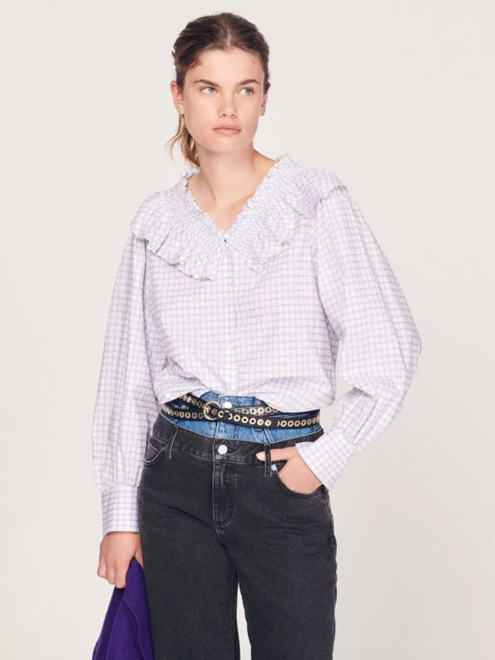 Sandro White and Light Purple Checked Ruffle Collar Button-Down Blouse Cotton